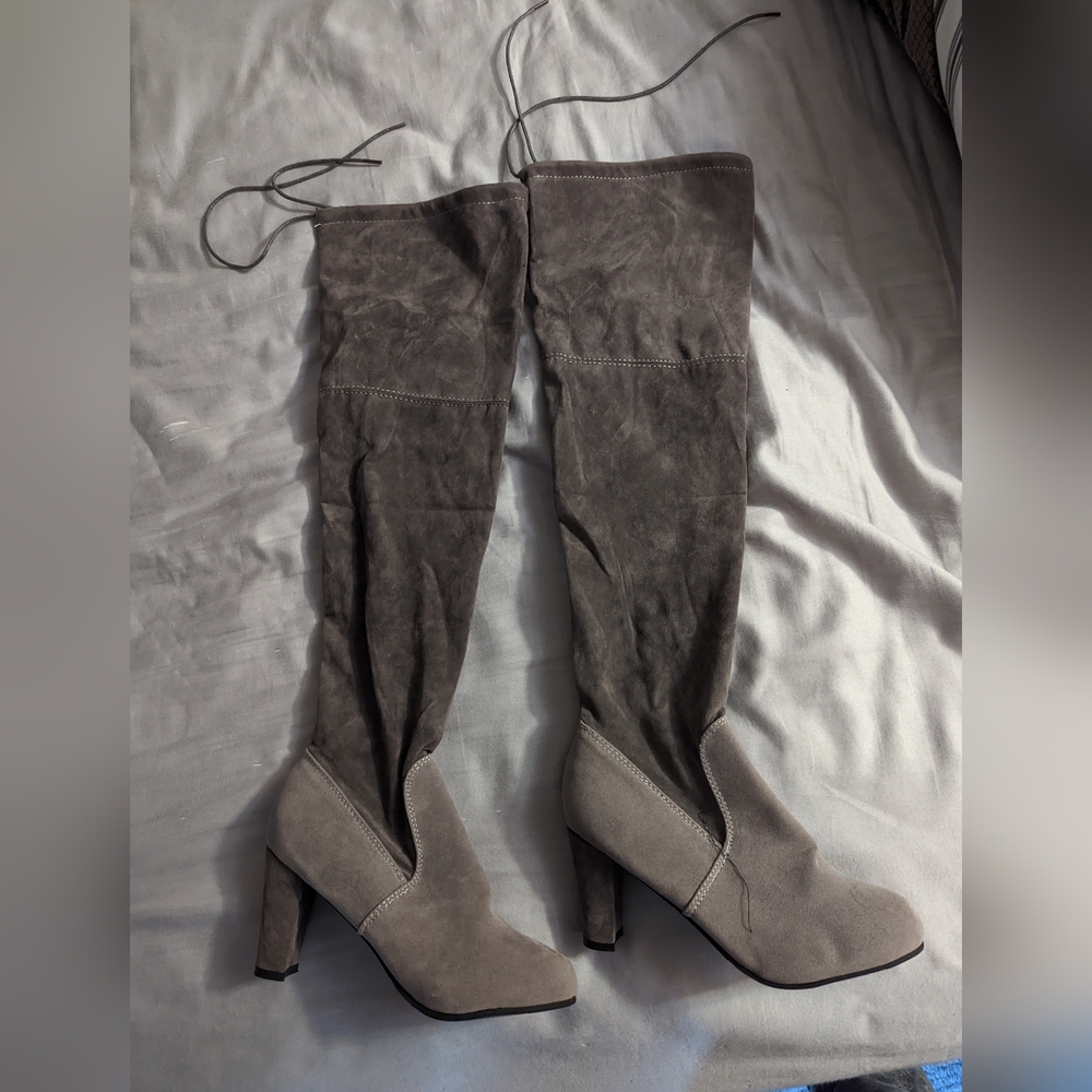 Suede knee high heeled boots